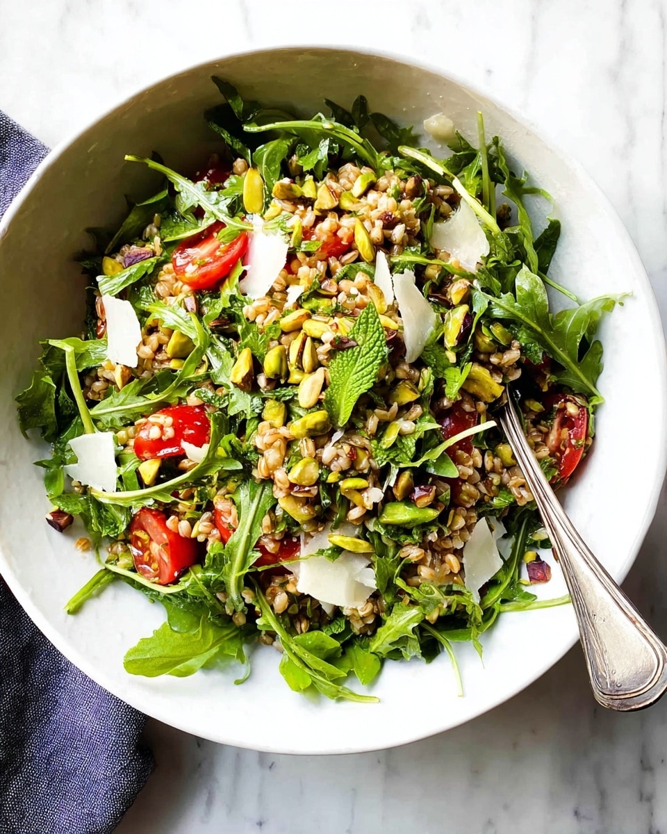 A white bowl filled with a fresh salad showing three main layers: the base layer consists of light brown cooked grains mixed in, the middle layer is made of various fresh green leaves like parsley, arugula, and mint with a crisp texture, and the top layer is scattered with halved bright red cherry tomatoes, small chopped pistachio nuts, and thin white shreds of cheese, all resting on a white marbled surface. A silver fork is placed inside the bowl on the right side. photo taken with an iphone --ar 4:5 --v 7