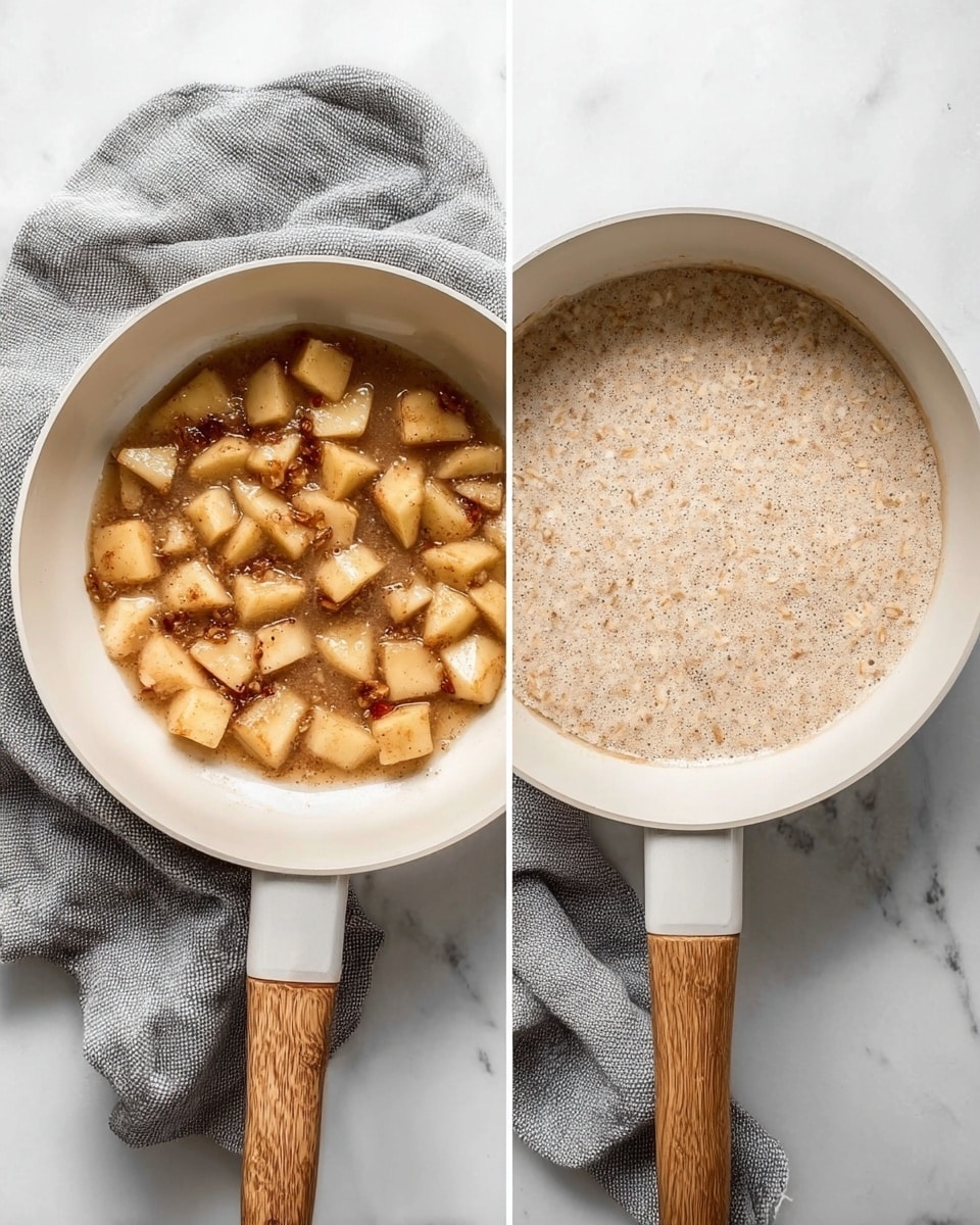 The image shows two white pans with wooden handles sitting on a white marbled surface with a gray cloth beside them. The pan on the left contains several small pieces of cooked apple, golden brown with slightly darker edges, arranged mostly in the center. The pan on the right holds a mixture of light brown oats and liquid, showing a creamy texture with oats spread evenly across the surface. Both pans are viewed from above, showing the contents clearly. Photo taken with an iphone --ar 4:5 --v 7