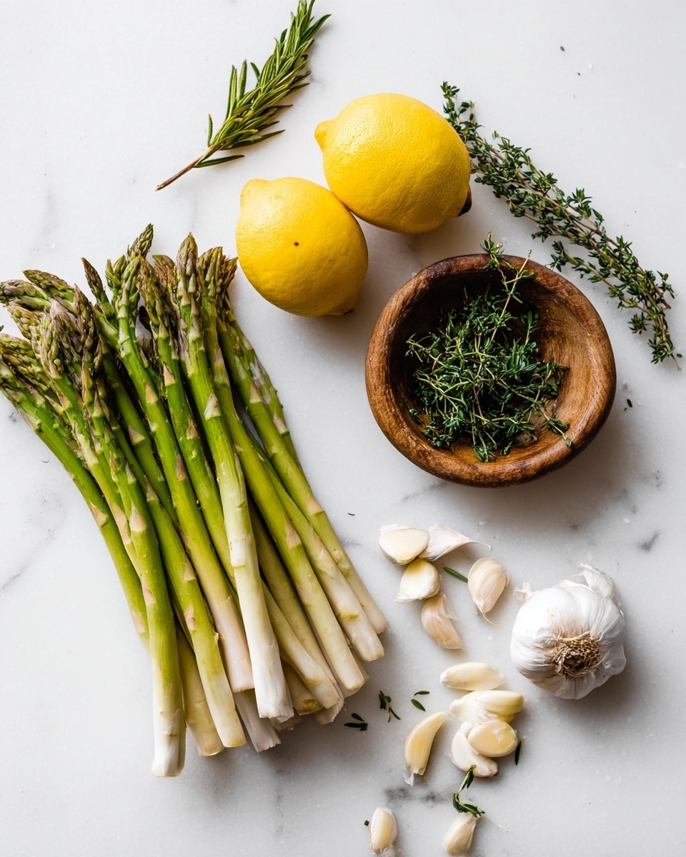 A white marbled surface holds a fresh bunch of green asparagus spears with pale white bottoms on the left side, two bright yellow lemons placed above the asparagus, and a small round wooden bowl filled with green herbs such as thyme and rosemary on the right. Scattered near the bowl are several white garlic cloves and a whole head of garlic with some peeled skins lying around. A small sprig of rosemary rests above the bowl. The scene is bright and clean. photo taken with an iphone --ar 4:5 --v 7