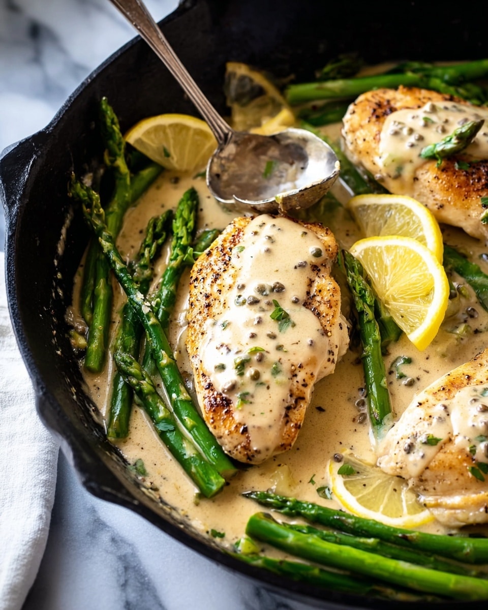The image shows a close-up of a black skillet filled with three pieces of lightly browned cooked chicken topped with a creamy beige sauce speckled with small herbs and spices. Bright green asparagus stalks are arranged around and partially under the chicken pieces. Thin lemon slices sit on and near the chicken, adding a pop of yellow and translucent texture. A silver spoon rests in the skillet, partially covered with sauce near the chicken. The skillet sits on a white marbled surface. photo taken with an iphone --ar 4:5 --v 7