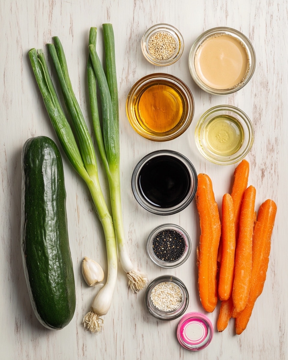 The image shows fresh ingredients neatly arranged on a white marbled surface. On the left, there is a long, dark green cucumber and three green onions with white bases. To their right, there are four small glass bowls and two bottle caps holding various liquids and spices: a light amber liquid, a golden yellow oil, a creamy beige sauce, a very dark black sauce, a light clear liquid, black and white sesame seeds in a pink-edged cap, and salt and black pepper in another pink-edged cap. Above these ingredients is one peeled garlic clove. On the far right, there are five medium-sized bright orange carrots with a slightly rough texture. The setup is clean and organized. photo taken with an iphone --ar 4:5 --v 7