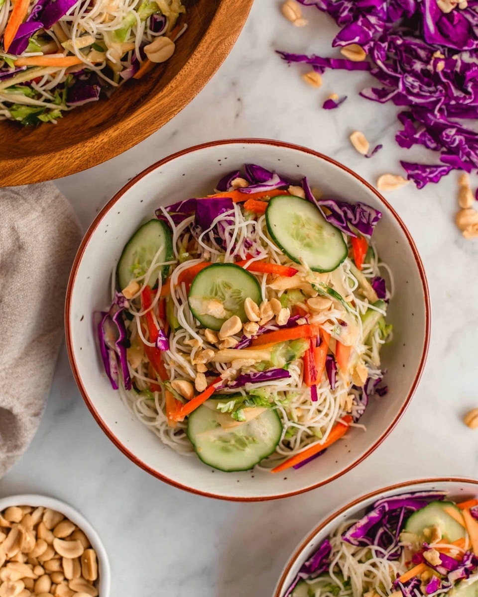 The image shows a vibrant noodle salad in a white bowl with a thin red rim, layered with thin, white noodles as the base. On top, there are scattered slices of fresh green cucumber, bright orange carrot strips, and shredded deep purple cabbage. Light brown peanuts are sprinkled across the salad, adding texture. The bowl is set on a white marbled surface with some purple cabbage pieces and peanuts casually placed around it. In the top left corner, a wooden bowl holds more of the same salad, and part of a small white bowl filled with peanuts is visible at the bottom left. The colors are fresh and bright, creating a lively and healthy look. Photo taken with an iphone --ar 4:5 --v 7