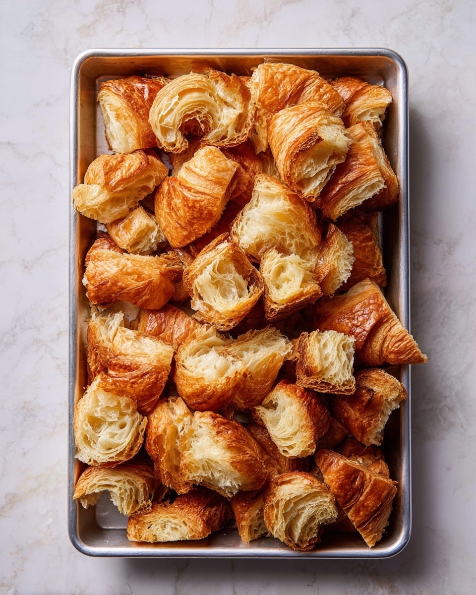 A rectangular metal tray filled with many broken pieces of croissant. The croissant pieces show a golden brown, flaky, and crispy outer layer with a light, soft, and airy inner texture in pale cream color. The pieces are placed randomly, overlapping each other inside the tray. The tray sits on a surface with a white marbled texture. photo taken with an iphone --ar 4:5 --v 7