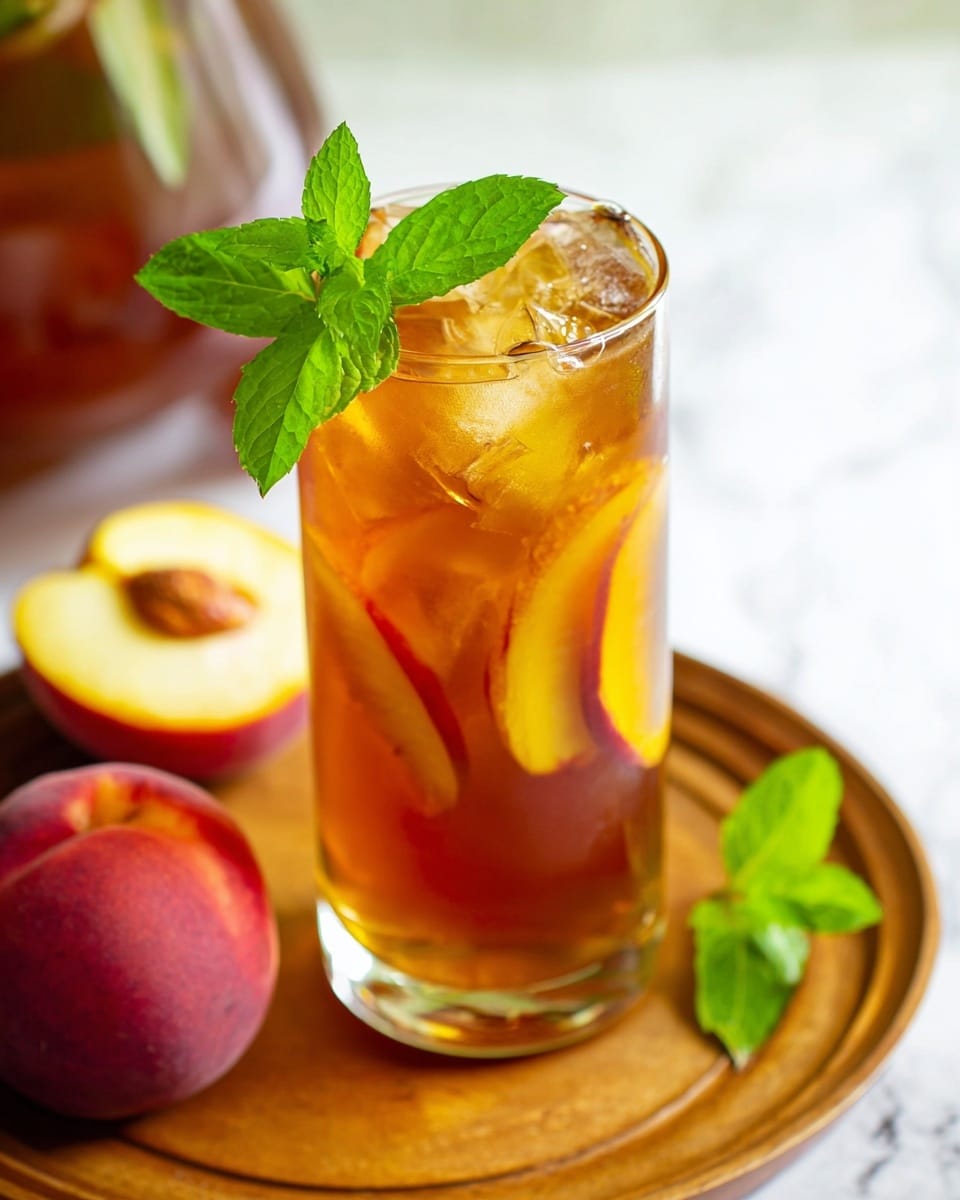 A tall clear glass filled with amber iced tea, containing visible ice cubes and slices of yellow peach inside the drink, topped with a fresh bright green mint leaf, placed on a round wooden coaster on a white marbled surface. Around the glass, there is a white peach cut in half showing its yellow flesh and pit, and a whole red peach nearby. The background is softly blurred to emphasize the glass and fruit. Photo taken with an iphone --ar 4:5 --v 7