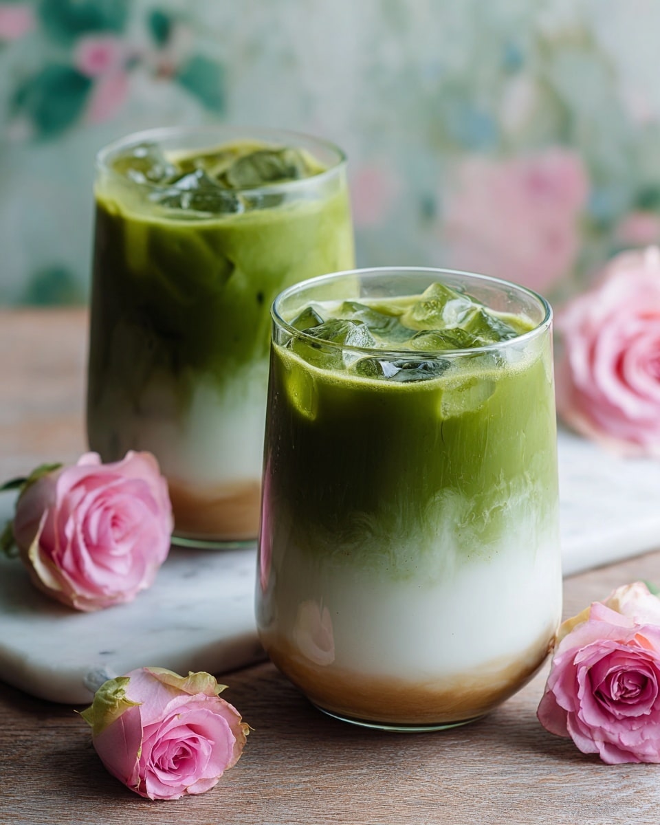 Two glasses are filled with a green and white layered drink. The bottom layer is smooth white, and the top layer is thick light green with a few darker green ice cubes floating on top. Pink flower petals are lightly scattered over the ice cubes in each glass. The glasses sit on a white plate with a few pink roses around the plate on a white marbled texture surface. Photo taken with an iphone --ar 4:5 --v 7