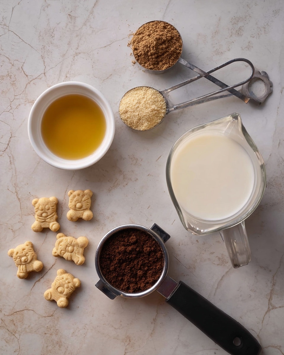 A mix of ingredients is placed on a surface with a white marbled texture. On the left, a small white bowl contains a shiny golden liquid. Above it, there are two metal measuring spoons: one with a brown powder and the other with a light browngranulated substance. To the right, a glass measuring cup is filled with white liquid that looks like milk. Near the bottom, a black-handled metal filter holds dark brown ground coffee. Scattered on the left are several small teddy bear-shaped cookies with a light beige color and detailed faces. photo taken with an iphone --ar 4:5 --v 7
