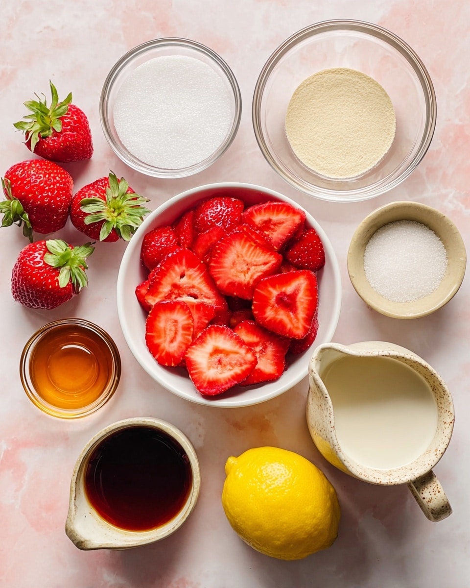 The image shows a flat lay of ingredients on a white marbled surface, centered around a white bowl filled with vibrant red sliced strawberries. Around the bowl are whole strawberries with green tops, a transparent glass bowl with white granulated sugar, a small beige bowl with a pale powder, a larger white jug holding milk, a clear bowl with dark brown liquid, a small ceramic cup with amber syrup, and a halved bright yellow lemon. The colors range from bright reds and yellows to creamy whites and soft browns, each ingredient clearly visible and well arranged. photo taken with an iphone --ar 4:5 --v 7