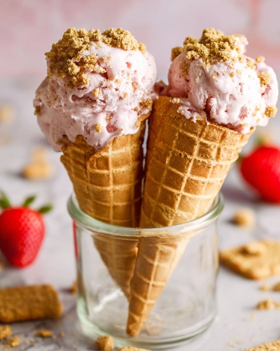 Two waffle cones filled with light pink strawberry ice cream are placed inside a clear glass jar. Each cone has two scoops of ice cream topped with crumbled light brown cookie pieces. The waffle cones have a detailed grid texture and a golden brown color. In the blurred background on a white marbled surface, there are a few fresh bright red strawberries and broken cookie pieces scattered around. The photo taken with an iphone --ar 4:5 --v 7