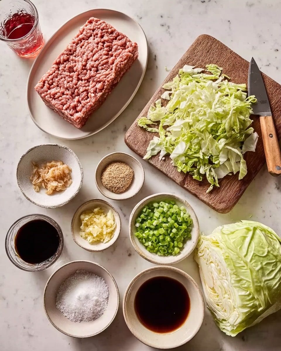 The image shows a top view of various cooking ingredients arranged on a white marbled surface. In the center left, there is a white plate with a rectangular block of ground meat with a coarse texture. Next to it on the right, a wooden board holds roughly chopped pale green cabbage with crinkly leaves, beside a kitchen knife with a light wooden handle. Surrounding these are small white bowls filled with different items: finely chopped green onions, a light brown powder, minced yellow ginger, light-colored minced garlic, and two dark liquids, likely soy sauce and a vinegar or oil, creating a mix of deep brown and amber colors. There is also a small bowl of salt and a tiny white dish filled with a grainy brown seasoning. A woman’s hand is holding a glass of red liquid at the top left while a glass of dark tea or coffee sits nearby. The whole scene is well lit, showing textures and colors clearly. photo taken with an iphone --ar 4:5 --v 7