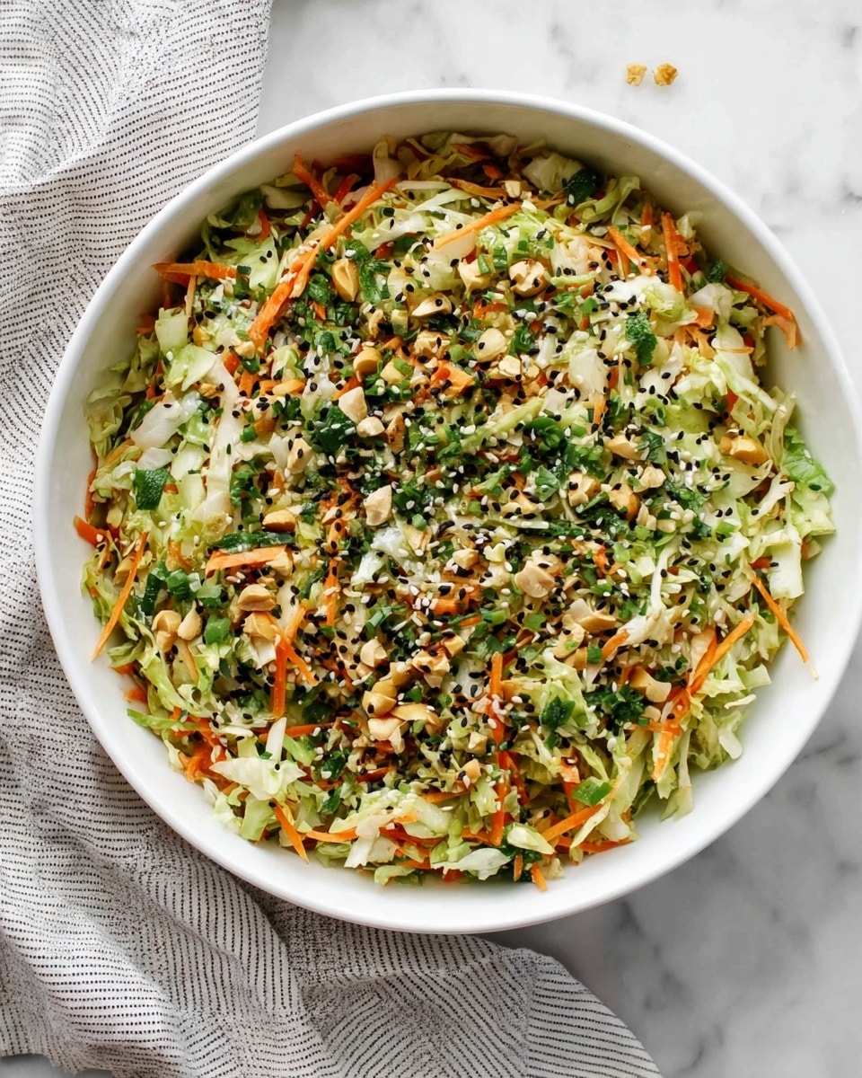 The image shows a large white bowl filled with a colorful salad. The salad has two main layers: the base layer is finely chopped light green and pale yellow cabbage, with long thin orange carrot strips spread evenly throughout. The top layer has small chopped green herbs, black sesame seeds, and chopped nuts scattered over the vegetables, adding texture and contrast. The bowl is placed on a white marbled surface with a gray and white striped cloth nearby. The salad looks fresh and vibrant. Photo taken with an iphone --ar 4:5 --v 7
