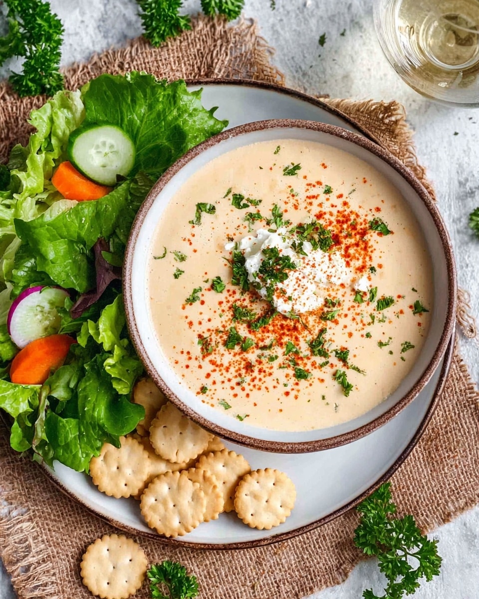 A white bowl filled with creamy light beige soup is placed on a white plate with a rustic brown rim, sitting on a textured brown burlap cloth over a white marbled surface. The soup is topped with a dollop of white cottage cheese, sprinkled generously with red paprika powder and small green parsley leaves. To the left of the bowl, there is a fresh green salad made of large green lettuce leaves and small round slices of purple and orange carrots mixed with cucumber slices. On the lower right side of the plate, there is a small pile of round light tan crackers with scalloped edges. In the top left corner, a clear glass of white wine is visible. Fresh green parsley leaves are scattered around the top edge of the plate. photo taken with an iphone --ar 4:5 --v 7