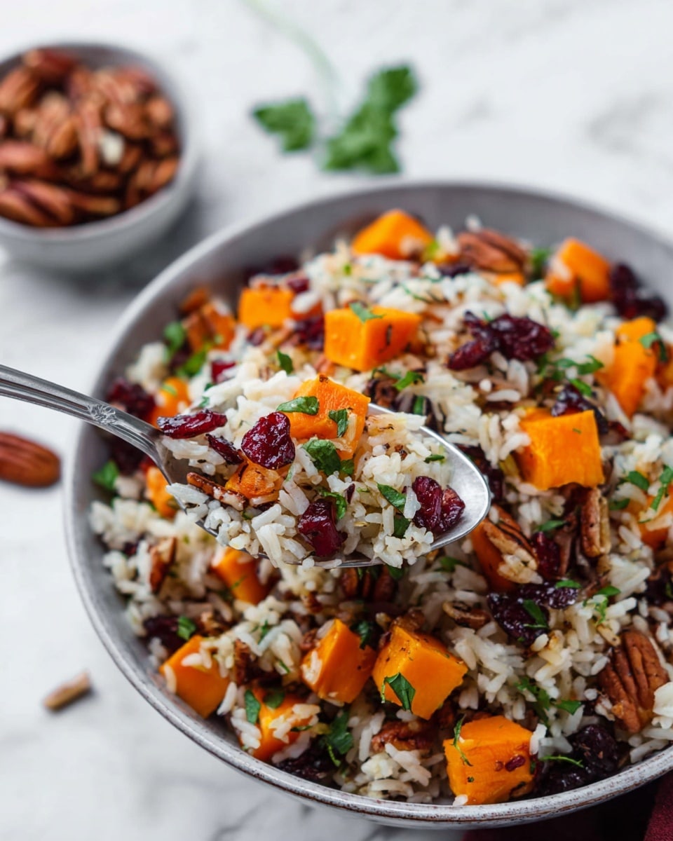 The image shows a white bowl filled with a colorful rice dish consisting of white rice mixed with bright orange cubes of sweet potato, dark red cranberries, brown pecan pieces, and small green parsley leaves. The textures vary from the soft rice grains to the firm sweet potato chunks and crunchy pecans. A silver spoon lifts a scoop from the bowl, displaying a mix of these ingredients up close. The bowl is set on a white marbled surface with a small white bowl of pecans blurred in the background, and a woman's hand holding the spoon near the bowl's edge. The overall feel is fresh and vibrant, with a clean white marbled background enhancing the colors of the dish photo taken with an iphone --ar 4:5 --v 7
