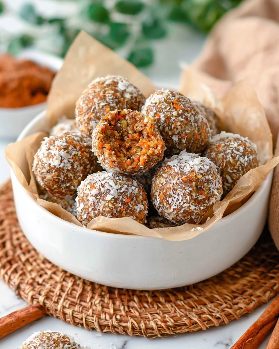 A white bowl lined with light brown parchment paper holds about eight round energy balls with a rough texture, coated in small white coconut flakes and finely chopped nuts. One energy ball is broken open, showing a dense, moist inside with visible bits of orange and brown, indicating carrots and nuts. The bowl sits on a brown woven mat placed on a white marbled surface, with green leaves and cinnamon sticks blurred softly in the background. photo taken with an iphone --ar 4:5 --v 7