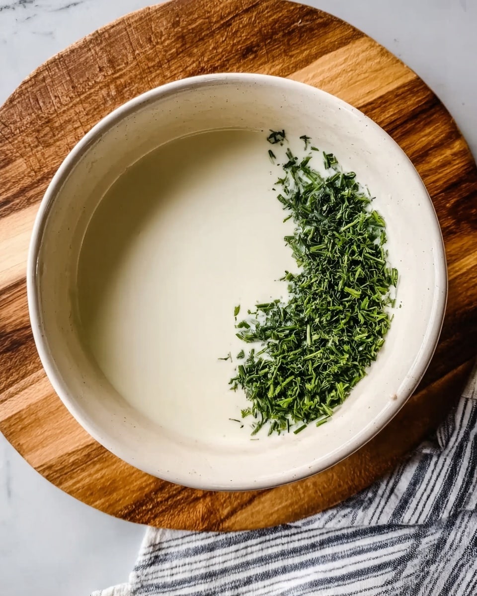 A top view of a white bowl filled with a smooth, creamy white liquid layer. On one side of the liquid, there is a small pile of finely chopped green herbs, adding a textured and fresh contrast to the smooth white surface. The bowl is placed on a wooden board with a white marbled surface visible around it, accompanied by a striped cloth at the bottom. The lighting is natural, highlighting the freshness of the herbs and the creaminess of the liquid. Photo taken with an iphone --ar 4:5 --v 7
