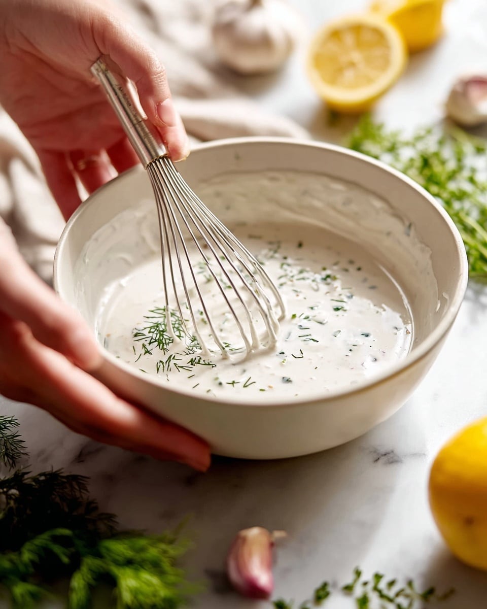 A close-up image shows a white bowl held by a woman's hand on the left side, while another woman's hand stirs a creamy white sauce in the bowl with a metal whisk; small green herb pieces are mixed into the thick sauce, creating a speckled effect. In the soft-focused white marbled background, there is a yellow lemon cut in half and lying on its side, some garlic cloves, and green herbs scattered around. The lighting highlights the fresh and creamy texture of the sauce and the details of the herbs. Photo taken with an iphone --ar 4:5 --v 7