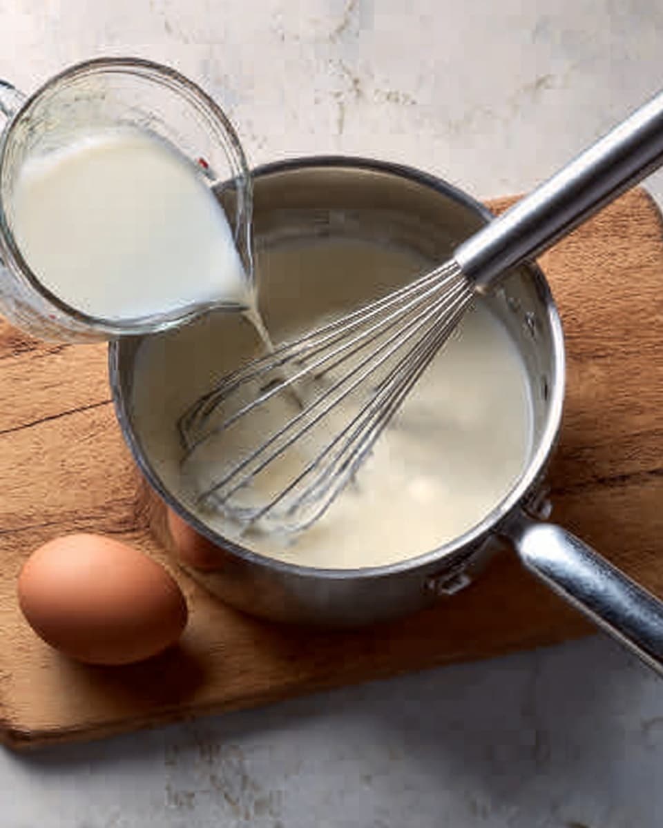 A shiny metal pot with two handles is filled with a creamy white liquid, with a metal whisk resting inside. Above the pot, a clear measuring cup pours more of the white liquid in. Next to the pot on the wooden surface, there is a brown egg. The scene is set on a white marbled texture. photo taken with an iphone --ar 4:5 --v 7