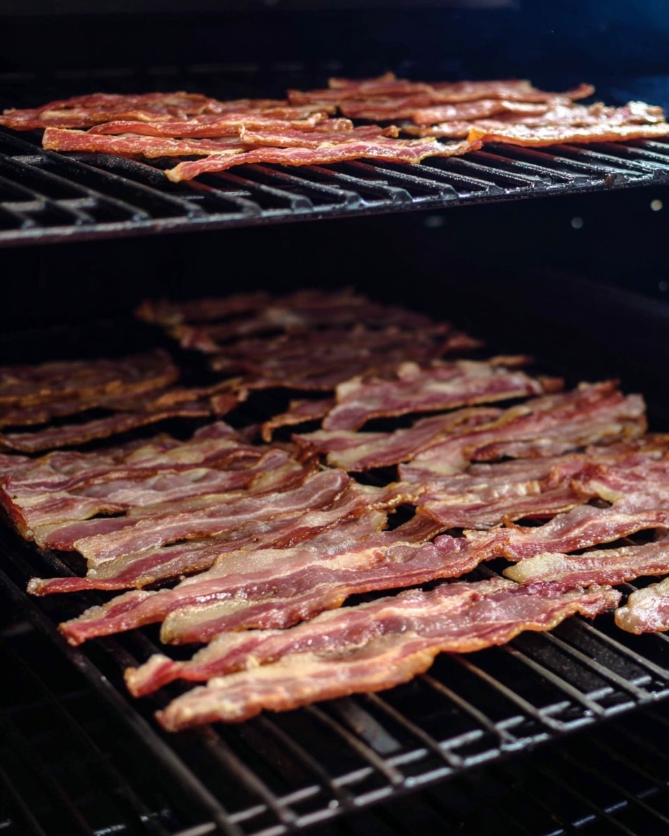Two layers of thin bacon strips cooking on a black grill inside a smoker or oven. The top layer has about six long, reddish-brown bacon strips with slight curling edges. The bottom layer is filled with many more strips, overlapping and showing mixed shades of pink and brown with some fat streaks visible. The grill bars are black and the inside of the smoker is dark, creating a contrast that highlights the texture and shine of the bacon. photo taken with an iphone --ar 4:5 --v 7