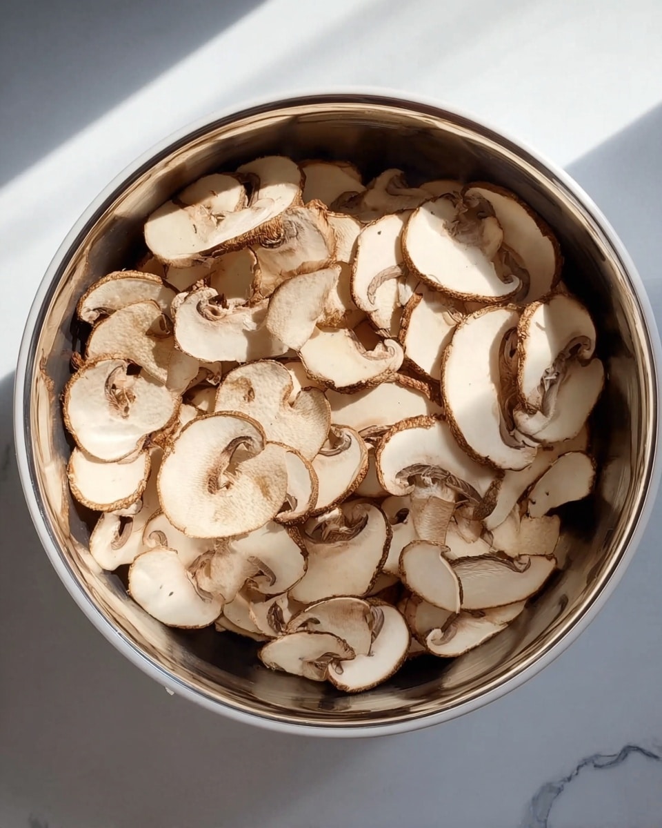 A round white bowl filled with many thin, light beige mushroom slices with brown edges, arranged evenly inside. The bowl sits on a white marbled surface. The reflection on the bowl shows the top view of the sliced mushrooms photo taken with an iphone --ar 4:5 --v 7