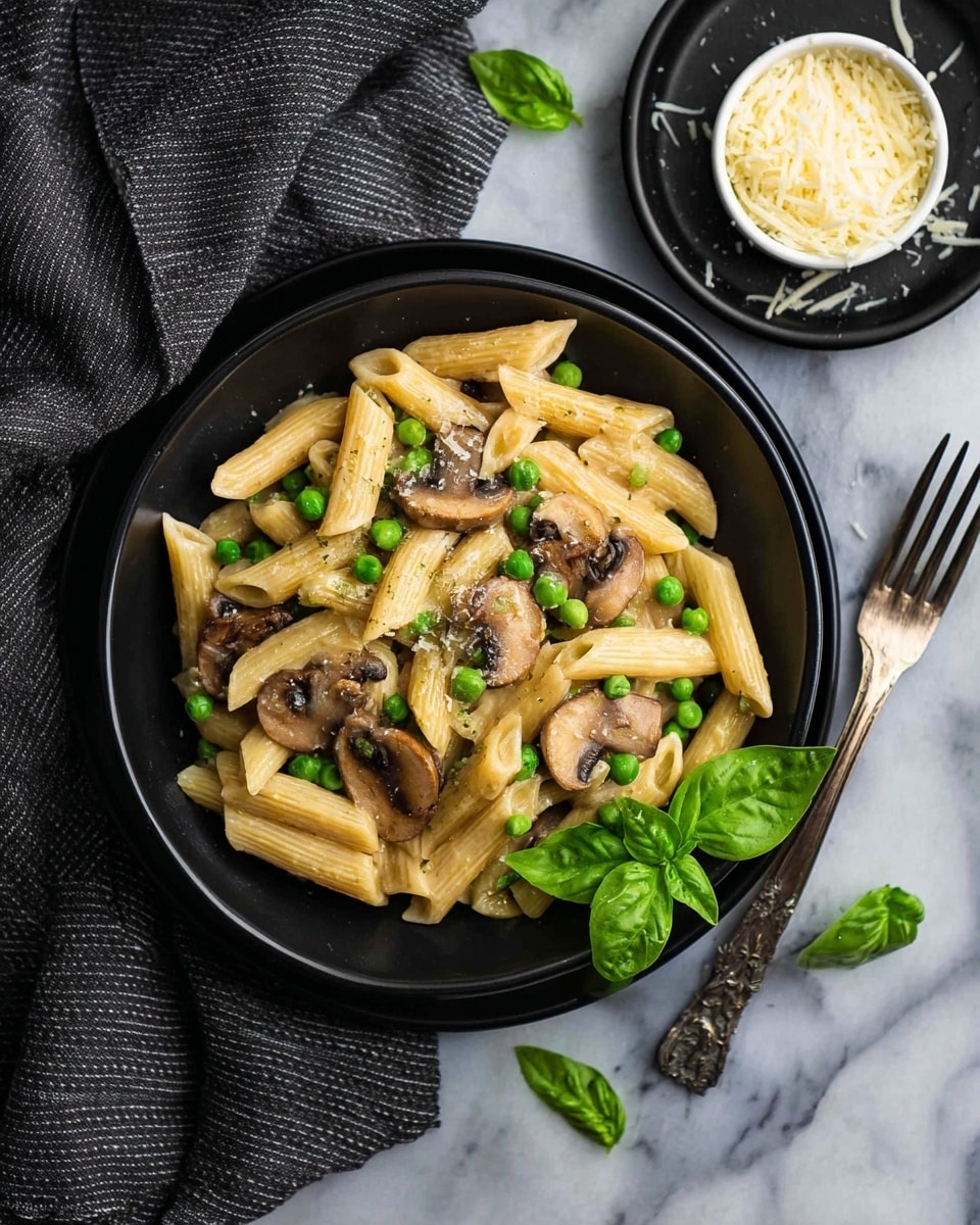 A black bowl filled with creamy penne pasta mixed with green peas and slices of cooked brown mushrooms is placed in the center. The bowl sits on a matching black plate with fresh green basil leaves at the bottom right of the bowl. To the top right, a small white bowl holds grated cheese and some basil leaves on the side, sitting on a black plate. A silver fork rests on the right side, and a dark gray striped cloth drapes along the left side. The background is a white marbled texture. photo taken with an iphone --ar 4:5 --v 7
