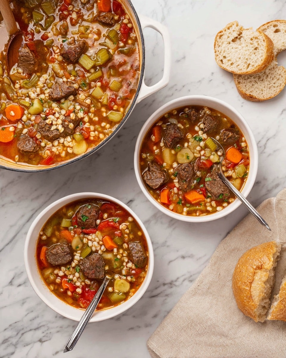 A large white pot filled with a hearty soup showing layers of light brown broth, chunks of dark brown meat, bright orange carrot slices, green celery pieces, red tomato bits, and pale barley grains. Two white bowls beside the pot, each filled with similar soup layers: broth at the bottom, followed by floating barley, carrots, celery, tomatoes, and meat. Each bowl has a silver spoon resting inside. White marbled surface underneath holds a few slices of crusty light tan bread and a beige towel under the pot. Photo taken with an iphone --ar 4:5 --v 7