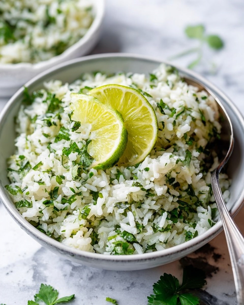 A white bowl filled with white rice mixed with green chopped herbs, giving a speckled green and white texture throughout. On top of the rice is a bright yellow-green lime wedge, slightly tilted. A silver spoon rests inside the bowl, partially buried in the rice on the right side. The bowl sits on a white marbled surface with some green herb leaves scattered around. The background includes a blurred white bowl of the same rice mix. photo taken with an iphone --ar 4:5 --v 7