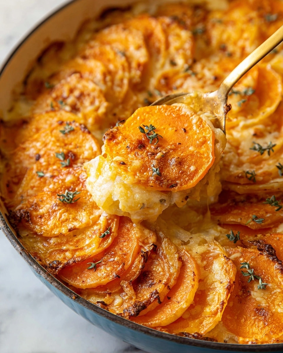 The dish shows thinly sliced layers of orange and pale yellow root vegetables, likely sweet potatoes and regular potatoes, arranged closely in a round white pan. The top layer has a slightly browned and bubbly cheese coating with small green herb sprigs scattered for garnish. The arrangement of the round vegetable slices creates a spiral pattern, and the texture looks soft and creamy with some crispy edges. A golden spoon lifts a portion revealing the layered stack inside, showing the soft, moist texture of the baked vegetables. The background is a white marbled surface with soft natural light. Photo taken with an iphone --ar 4:5 --v 7
