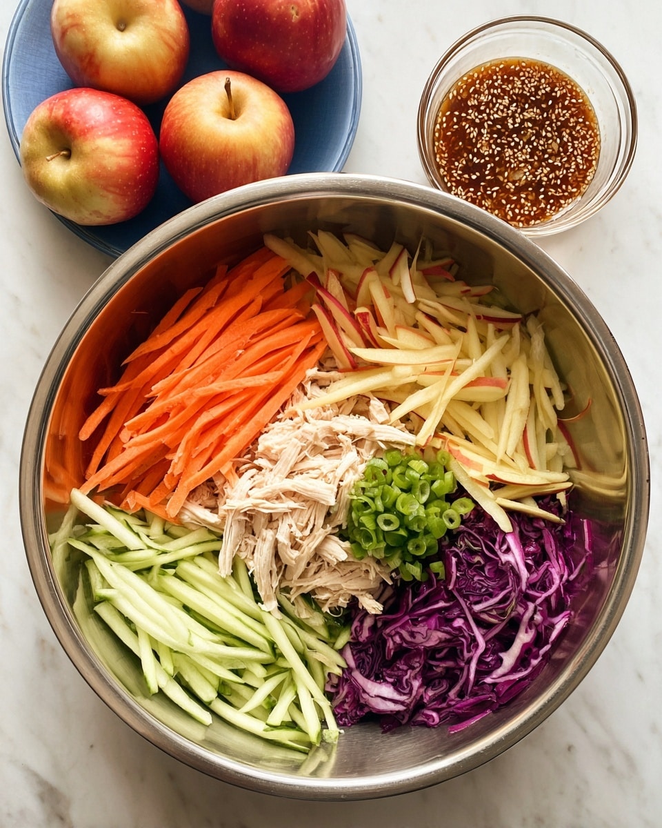 A large round metal bowl sits on a white marbled surface filled with five different sliced and shredded ingredients arranged in sections: bright orange thin carrot sticks on the left, pale green thin cucumber slices in the top center, light yellow thin apple sticks with red edges on the top right, shredded white chicken in the middle, and thinly sliced purple cabbage at the bottom right. Thin bright green strips of green onion are placed on top of the chicken and in a small section next to the carrots. Above the bowl is a small clear glass bowl filled with a brown sauce with visible sesame seeds. At the bottom left corner, part of a blue plate with three whole apples in red and yellow tones is partly visible. Photo taken with an iphone --ar 4:5 --v 7