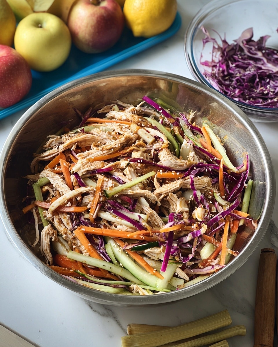 A large silver bowl filled with a colorful mixed salad containing thin strips of cooked light brown shredded chicken, bright orange carrot sticks, dark purple cabbage strands, and light green cucumber slices. The salad looks lightly coated with a dressing and has tiny white sesame seeds sprinkled on top. Behind the bowl, there is a small clear bowl with more purple cabbage thinly sliced, a blue tray holding two apples and a lemon, and some pieces of lemongrass. The whole scene is set on a white marbled surface. photo taken with an iphone --ar 4:5 --v 7