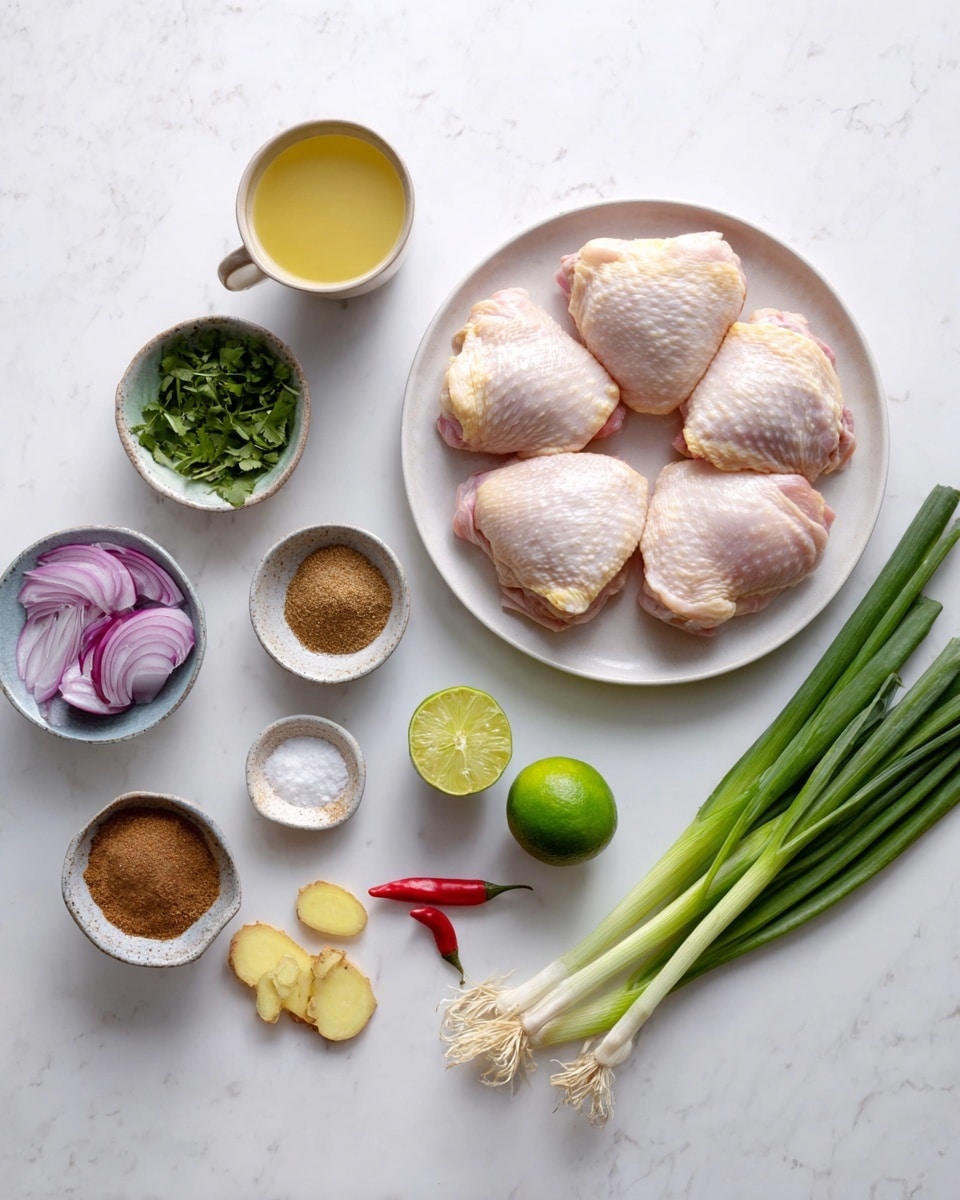 The image shows several cooking ingredients placed neatly on a white marbled surface. On the right, a white plate holds five raw chicken thighs with pale pink skin. Near the plate, a bunch of green spring onions lay with their white ends facing left. Two halves of a green lime sit cut side up near the center. Below the lime are some sliced ginger pieces, garlic cloves, and a small red chili pepper arranged in a row. To the left, there is a small bowl with sliced purple onions, a tiny bowl with green leafy herbs, and another small bowl filled with three types of ground spices: brown, light brown, and white salt. Finally, a cup with a light yellow liquid is placed near the upper left corner. All items are well spaced, creating a clean and organized look. Photo taken with an iphone --ar 4:5 --v 7