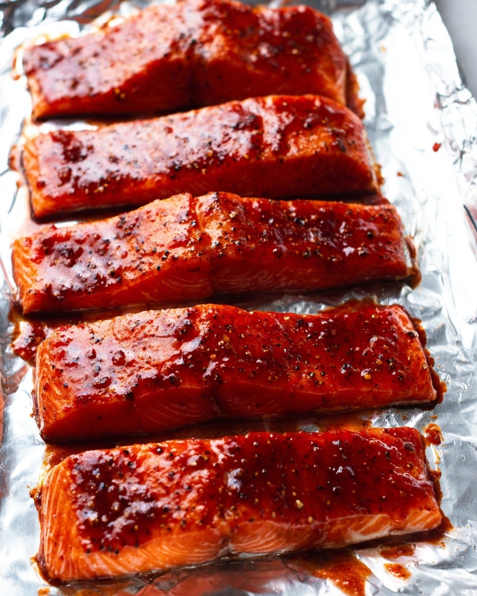 The image shows four thick rectangular pieces of salmon laid side by side on a sheet of shiny aluminum foil against a white marbled texture. Each salmon piece is covered in a shiny, dark red glaze with a black pepper and spice sprinkle, giving a glossy and slightly textured surface. The glaze appears sticky and smooth, evenly coating the top and sides of the salmon. The aluminum foil beneath reflects the reddish color of the sauce, and the salmon pieces are arranged in a neat row, filling most of the frame. Photo taken with an iphone --ar 4:5 --v 7