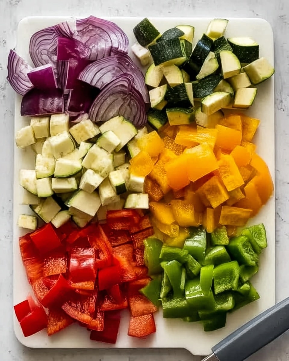 A white cutting board with six groups of chopped vegetables arranged neatly in rows. Starting from the left, there are purple red onions with a shiny, layered texture; next to them are green zucchini pieces showing both dark green skin and pale green inner flesh; in the middle is a pile of pale beige eggplant cubes with a slight shine; beside that are yellow and light orange bell pepper slices with smooth, slightly translucent walls; below, there are bright red bell pepper slices showing a glossy, firm surface; and on the far right, there are green bell pepper chunks with a firm, shiny look. The board has a gray handle on the right side, and the white marbled surface is visible around it. photo taken with an iphone --ar 4:5 --v 7