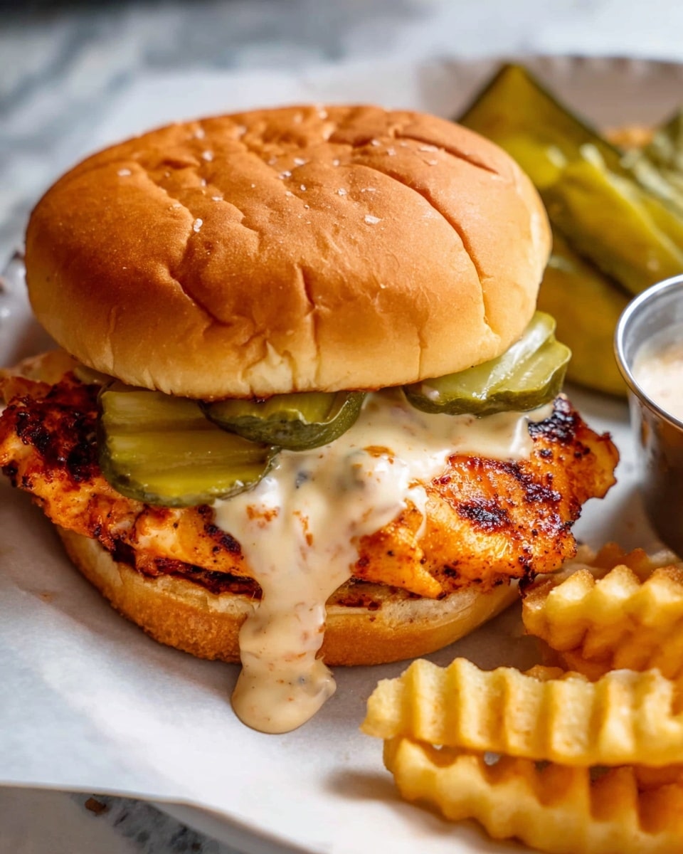 A sandwich is shown with three layers: the top layer is a soft, light brown sandwich bun with a smooth texture and small cracks; beneath it is a creamy sauce with a light beige color, spread unevenly and dripping slightly; the bottom layer is a large piece of grilled chicken, orange with dark brown grill marks and a rough texture, laying on several slices of green pickles with ridged edges. The sandwich is on a white plate with a white marbled surface below, accompanied by light golden crinkle fries and extra pickle slices on the side. A small metal cup with sauce is visible beside the fries. Photo taken with an iphone --ar 4:5 --v 7