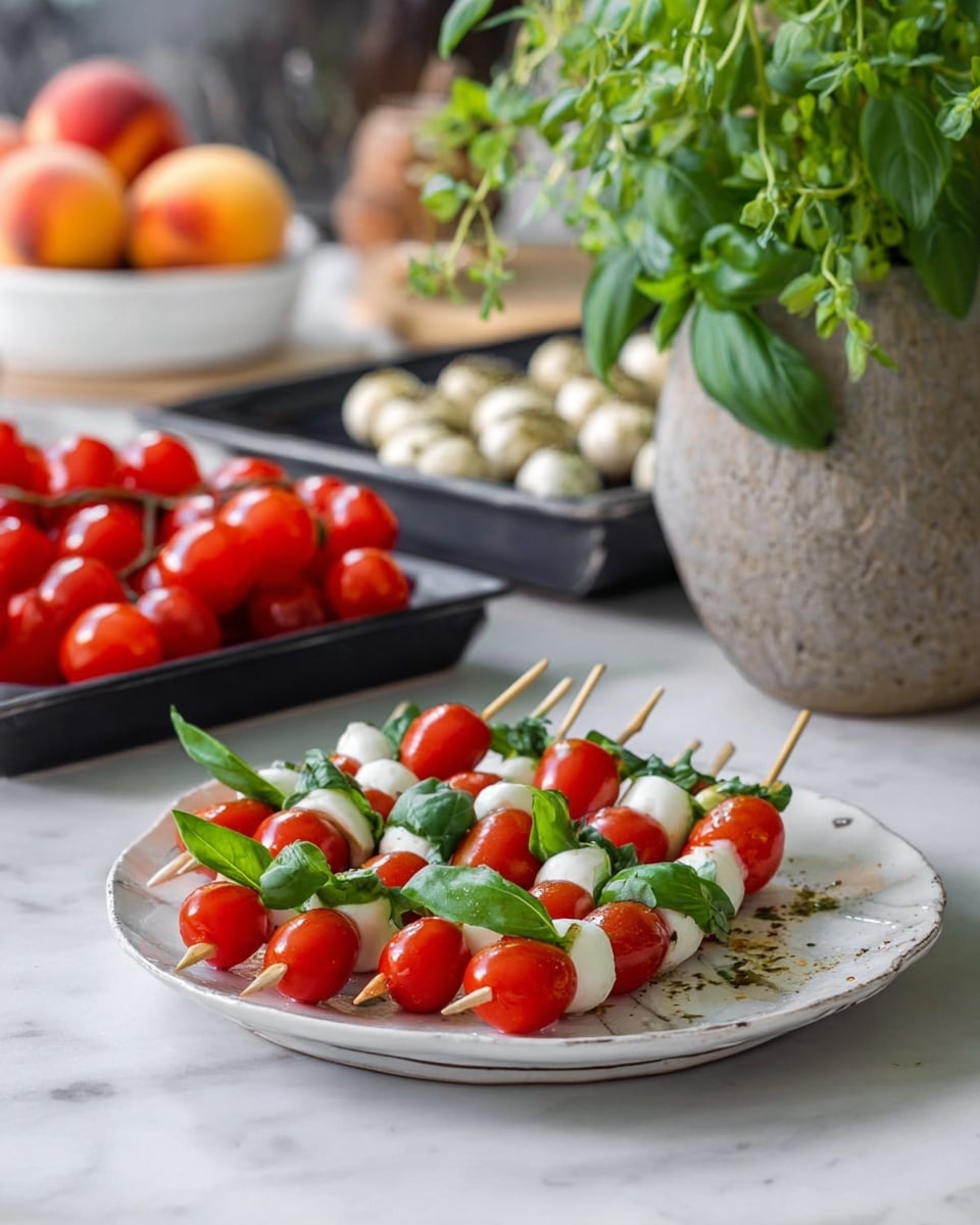The image shows several skewers on a white plate arranged in a round shape. Each skewer has three layers: a shiny red cherry tomato on the top and bottom layers, and fresh green basil leaves in the middle, paired with white round cheese balls beside the basil. The plate sits on a white marbled surface. In the background, there are bright red larger tomatoes, more cheese balls in black trays, stacked white bowls with peaches, and a large stone pot with a green plant. Photo taken with an iphone --ar 4:5 --v 7