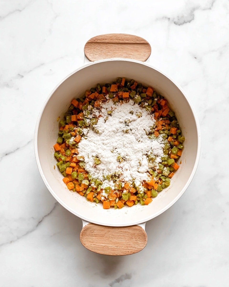 A white pot with light wood handles sits on a white marbled surface. Inside, there is a layer of small diced vegetables in orange, green, and light brown shades, with a powdery white substance sprinkled mostly on one side of the vegetables. The diced vegetables look soft and slightly shiny, showing they have been cooked a bit. The white powder on top contrasts with the cooked vegetables underneath. Photo taken with an iphone --ar 4:5 --v 7