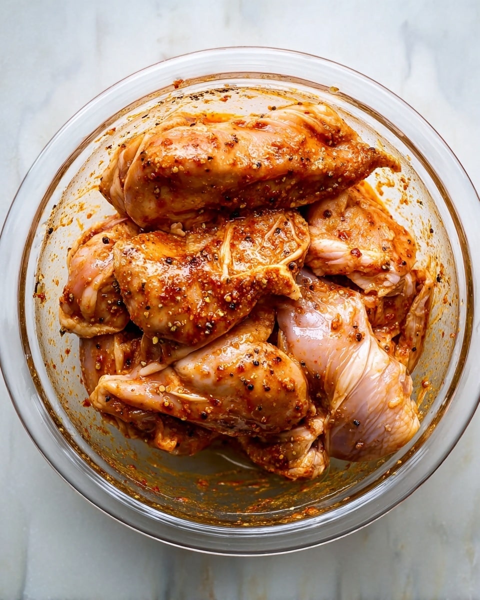 A clear glass bowl sits on a white marbled surface, filled with raw chicken pieces covered in a reddish-orange marinade. The chicken skin is pale with visible natural folds and textures, while the marinade looks thick and slightly oily with specks of black pepper and herbs spread unevenly over the meat. The chicken pieces are layered closely together, some sitting on top of others, showing a mix of smooth and wrinkled textures. The bowl shows streaks of marinade on its inner sides, enhancing the rich, seasoned appearance of the dish. photo taken with an iphone --ar 4:5 --v 7