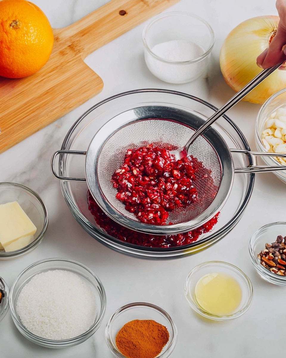 In the center, a clear glass bowl holds another smaller metal sieve filled with bright red dried berries soaked in water, glossing in the light; a woman's hand is holding a spoon inside the sieve, stirring the berries. Surrounding this main bowl on a white marbled surface are several small clear glass bowls containing white rice, white cream, vibrant orange-red spice powder in oil, white sliced almonds, and dark raisins with nuts. There are also small round white dishes holding pale yellow butter and white salt mixed with yellow powder, along with a large whole yellow onion and a bright orange on a wooden cutting board off to the side. Photo taken with an iphone --ar 4:5 --v 7