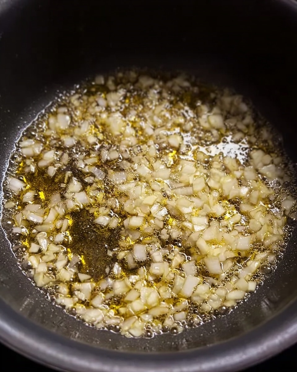 A close-up view inside a black cooking pot shows a single layer of small white onion pieces sizzling in bubbling golden oil. The onions are spread evenly across the pot's bottom, with many small bubbles around them indicating they are frying. The pot edges are dark and smooth, containing the light yellow oil that shines with a slight reflection. The scene has a simple and clear focus on the cooking onions without any other items visible. Photo taken with an iphone --ar 4:5 --v 7