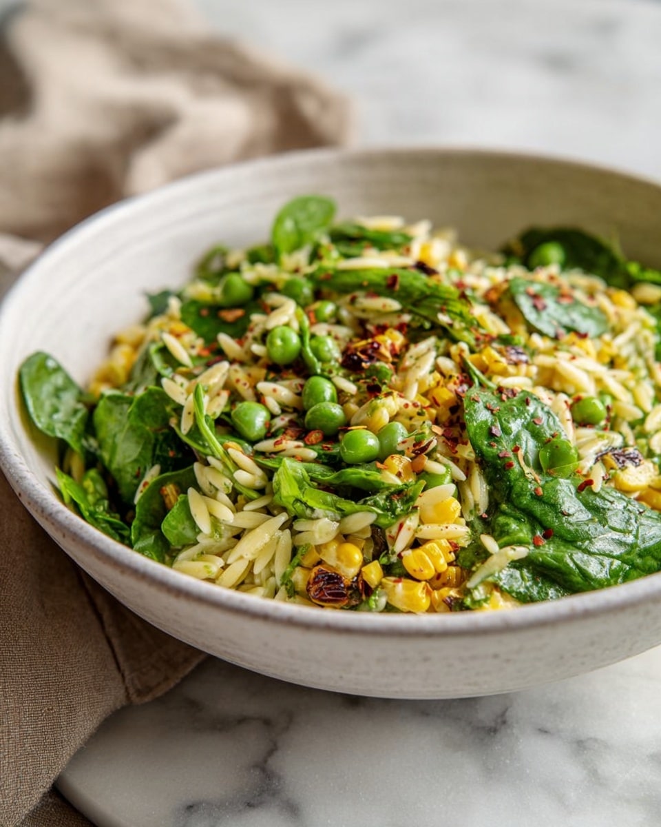A deep white bowl filled with a vibrant salad showing at least three layers: the bottom layer has a mix of small orzo pasta pieces in light yellow color and small charred corn kernels in golden brown with some darker edges; the middle layer includes bright green broad beans and fresh leafy spinach with a slightly wrinkled texture; the top layer is sprinkled with small red chili flakes and dried herbs scattered evenly, adding subtle red and green specks across the salad. The bowl sits on a white marbled surface with a blurred beige cloth in the background. Photo taken with an iphone --ar 4:5 --v 7