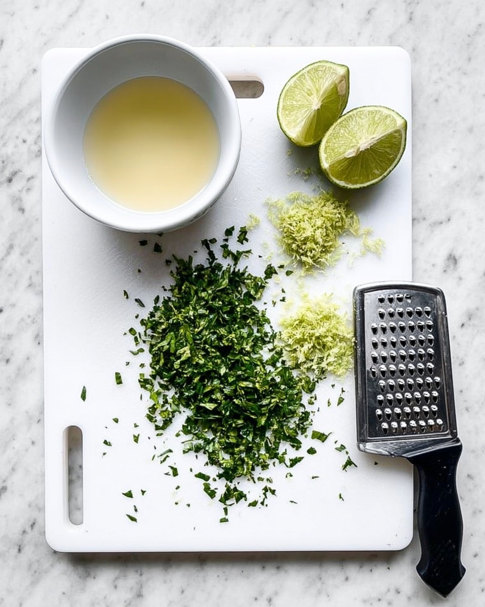 A white cutting board with a pile of finely chopped green herbs near the bottom center and a small heap of lime zest near the top right. Two halves of a squeezed lime rest next to the zest. A small white bowl holding pale yellow liquid is placed on the top left corner of the board. On the right edge of the board lies a black-handled grater. The board is set on a white marbled surface. photo taken with an iphone --ar 4:5 --v 7