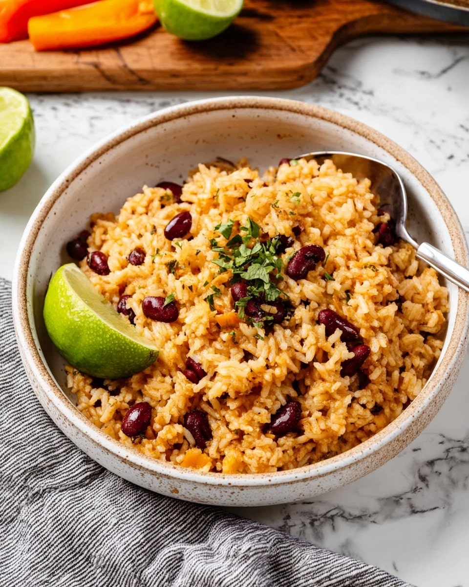 A white speckled bowl holds a single layer of light orange rice mixed with dark red beans scattered evenly throughout. On top, there is a small bunch of green herbs and a wedge of green lime leaning against the rice near the edge of the bowl. A silver spoon rests inside the bowl partially buried in the rice, with its handle extending outside the bowl. The bowl sits on a white marbled surface with a striped gray and white cloth nearby. In the background, there is a wooden board with orange vegetables and more lime wedges. photo taken with an iphone --ar 4:5 --v 7