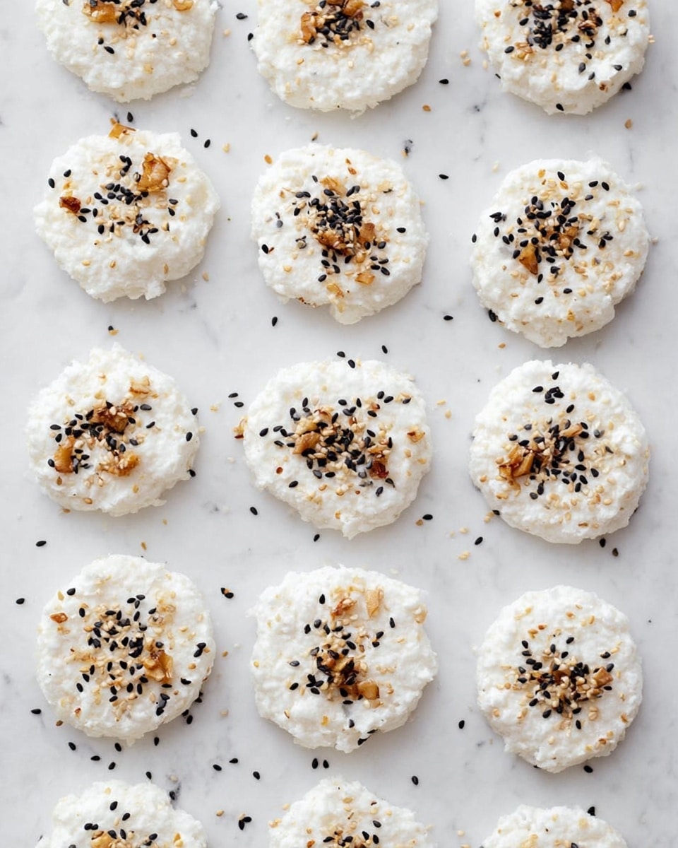 Twelve small white creamy rounds are arranged in a 3x4 grid on a white marbled surface. Each round has a soft, lumpy texture and is topped with a scattering of black sesame seeds and toasted brown garlic pieces, adding color contrast. The rounds vary slightly in shape but are mostly circular and evenly spaced. The overall look is clean and minimal with the white base and small dark and golden toppings giving a simple, fresh appearance. Photo taken with an iphone --ar 4:5 --v 7