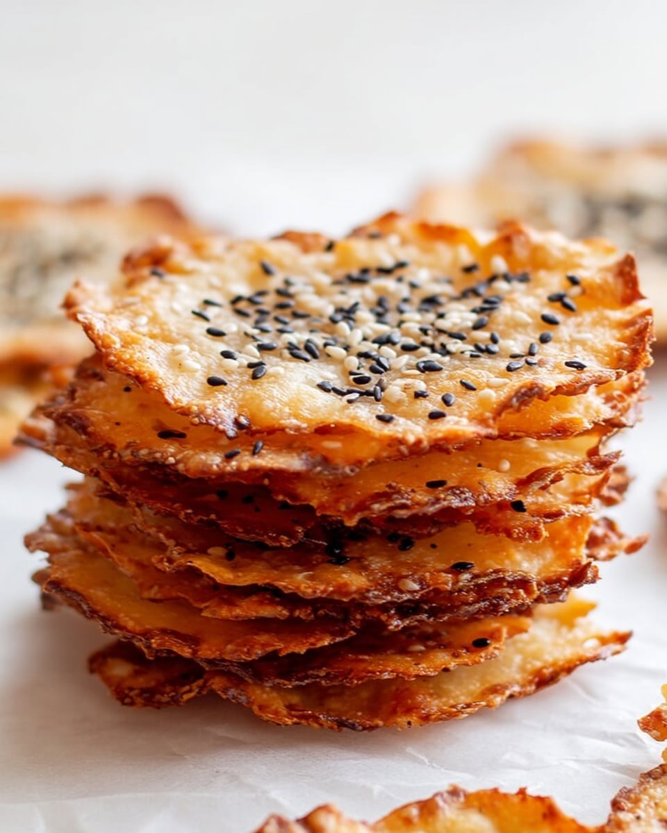 A stack of thin, crispy, golden-brown crackers is shown close-up on a white marbled surface. The stack has about eight layers, each cracker unevenly round with lacy edges that look slightly darker and caramelized. The top cracker is sprinkled with black and white sesame seeds, adding a bit of texture and contrast to the golden color. Each layer is delicate, slightly transparent, and shines with a light oily glaze. In the blurred background, more crackers can be seen scattered softly. photo taken with an iphone --ar 4:5 --v 7