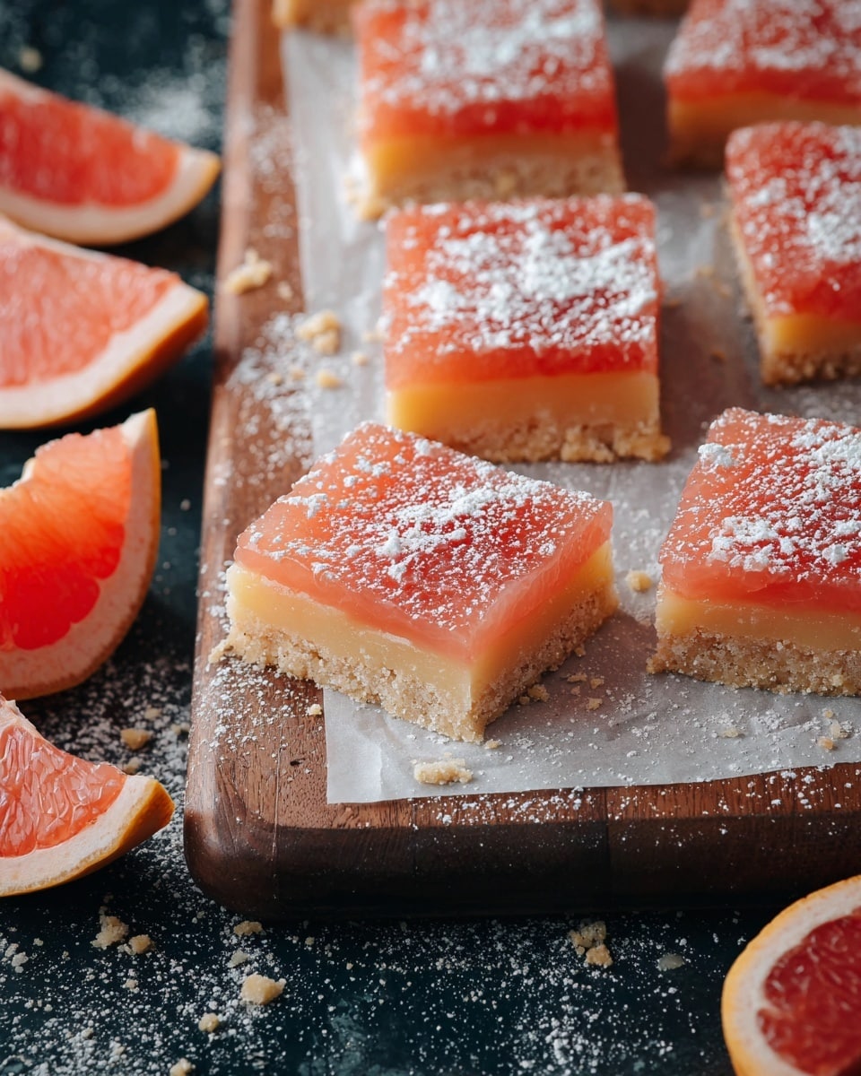 A wooden board holds a sheet of parchment paper with several square-shaped grapefruit dessert bars arranged on top. Each bar has two layers: a light beige crumbly base and a translucent pinkish-orange jelly layer on top, dusted with a light sprinkling of powdered sugar. One bar in the foreground is missing a tipped corner piece, revealing the layers clearly. Around the board, there are halved and quartered fresh grapefruit pieces, showing their bright pink flesh. The whole setup is on a dark surface with some scattered powdered sugar. photo taken with an iphone --ar 4:5 --v 7