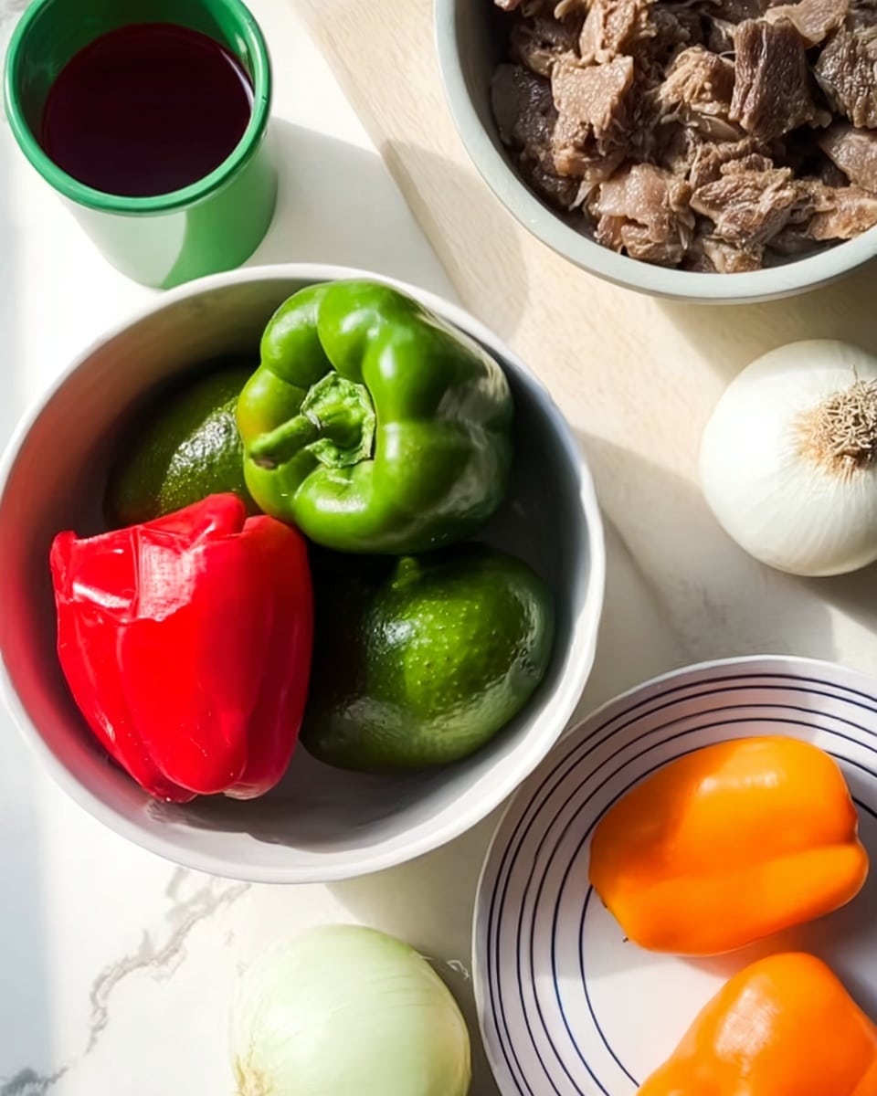 The image shows a white bowl filled with three green bell peppers, one red bell pepper, and one avocado sitting on a white marbled surface. To the right, there is a white bowl with pieces of cooked meat. Below, a white plate with blue stripes holds two orange peppers and a white onion. A small green cup with a dark red liquid is on the upper left. The scene is bright and clean, with fresh ingredients neatly arranged. photo taken with an iphone --ar 4:5 --v 7