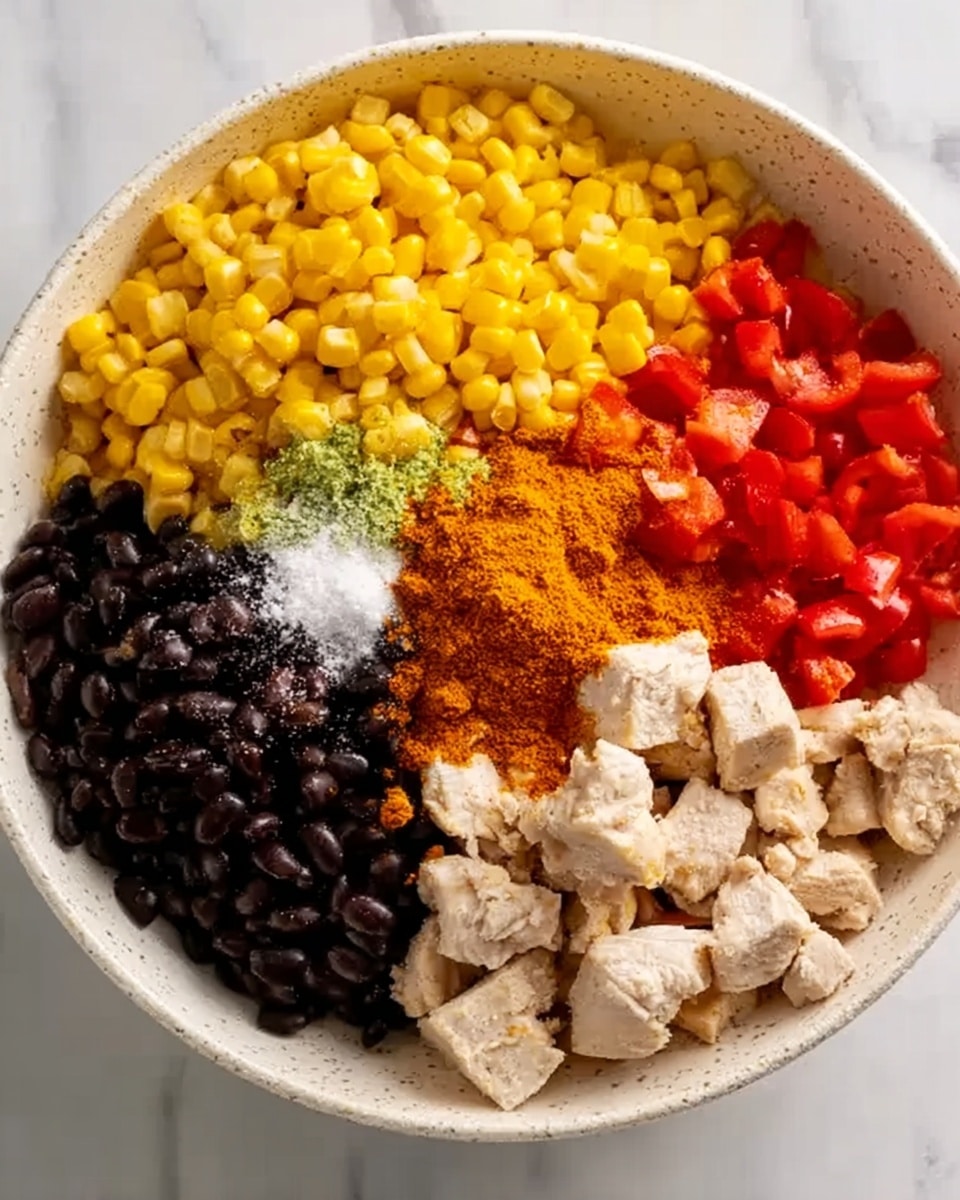 A white bowl on a white marbled surface holds five main layers arranged separately. Starting at the top left is a large pile of bright yellow corn kernels, next to it on the right are black beans showing a smooth, shiny texture. Below the corn is white diced chicken pieces with light brown seasoning marks. Beneath the chicken are small diced vibrant red tomatoes. In the center, between the layers is a mound of orange-colored spice mix topped with a small amount of white salt or powder. The colors are bright and fresh, with clear separation between each ingredient. photo taken with an iphone --ar 4:5 --v 7
