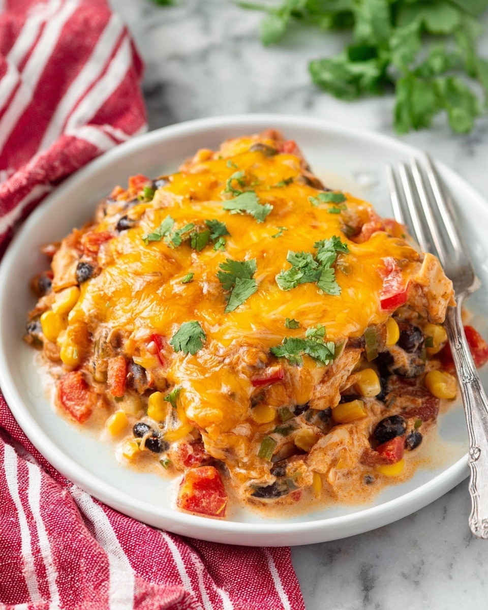A white plate holds a layered dish with a base of diced chicken mixed with black beans, corn, and chopped tomatoes and peppers, all coated in a creamy sauce that spreads slightly on the plate’s edges. On top is a thick, melted layer of bright orange cheddar cheese, sprinkled with fresh green cilantro leaves. A silver fork rests on the right edge of the plate, which sits on a white marbled surface with a red-and-white striped cloth partially underneath. The dish looks creamy, colorful, and hearty photo taken with an iphone --ar 4:5 --v 7