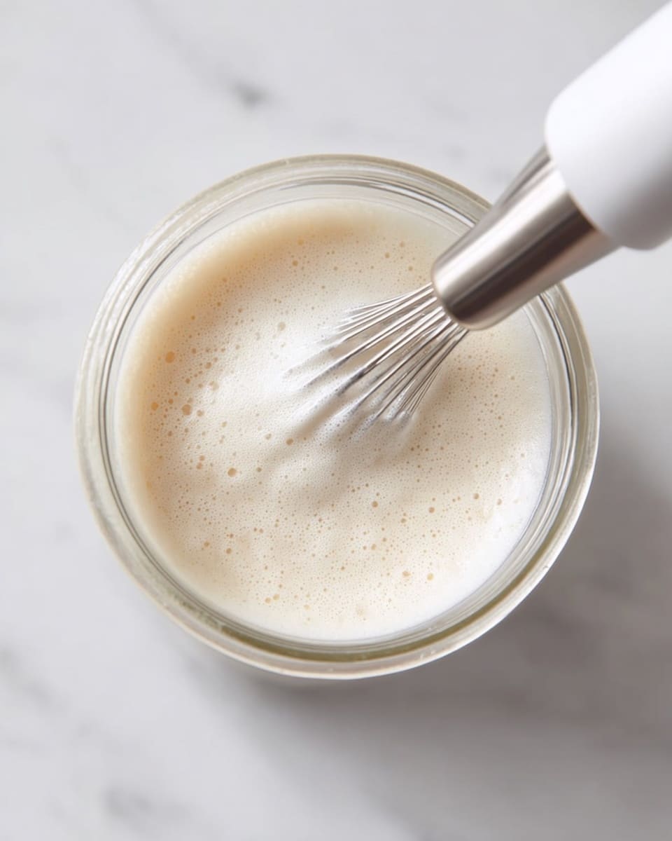 The image shows a clear glass jar filled with a light cream-colored liquid that is being frothed by a small electric frother. The froth on the surface is soft and bubbly, showing a creamy texture with small air bubbles. The jar is placed on a white marbled surface, and the frother’s metallic whisk is partially inside the jar with the white handle extending out to the right side. The focus is on the frothy liquid swirling gently from the frother's movement. photo taken with an iphone --ar 4:5 --v 7