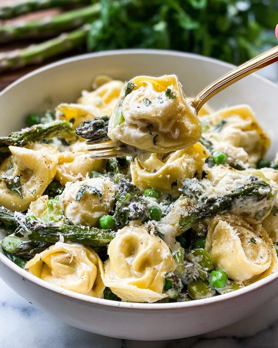 The image shows a bowl filled with pasta tortellini covered in a creamy white sauce mixed with green vegetables like asparagus and peas. The tortellini are light yellow with a smooth, slightly glossy texture, sitting on top and throughout the dish. Bright green asparagus spears and peas add fresh color and texture, scattered evenly among the pasta. A sprinkle of finely grated white cheese is spread over the whole dish, adding a powdery layer that lightly dusts the pasta and vegetables. A woman's hand holds a golden fork lifting a few tortellinis, showing the soft, tender filling inside. The bowl is white and placed on a white marbled surface, with blurry green herbs in the background, making the food the clear focus of the image. Photo taken with an iphone --ar 4:5 --v 7