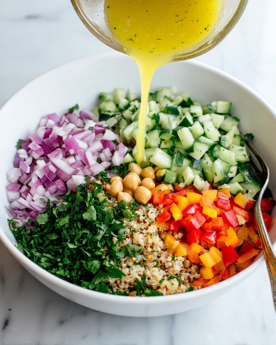 A white bowl sits on a white marbled surface, filled with six layers of colorful chopped ingredients arranged side by side. Starting from the top right, there is a layer of small chopped cucumber pieces in green and light green shades. Moving clockwise, next is a layer of finely chopped red onion, showing strong purple and white colors. Below that, bright orange-red chopped bell pepper pieces form the next layer. Adjacent is a layer of fresh dark green chopped parsley. Near the bottom left edge, beige chickpeas and some quinoa grains in light brown are visible. Pouring over these ingredients is a stream of light yellow dressing coming from a glass container held by a woman's hand on the top left of the frame. A silver fork handle rests inside the bowl on the right side. The photo taken with an iphone --ar 4:5 --v 7