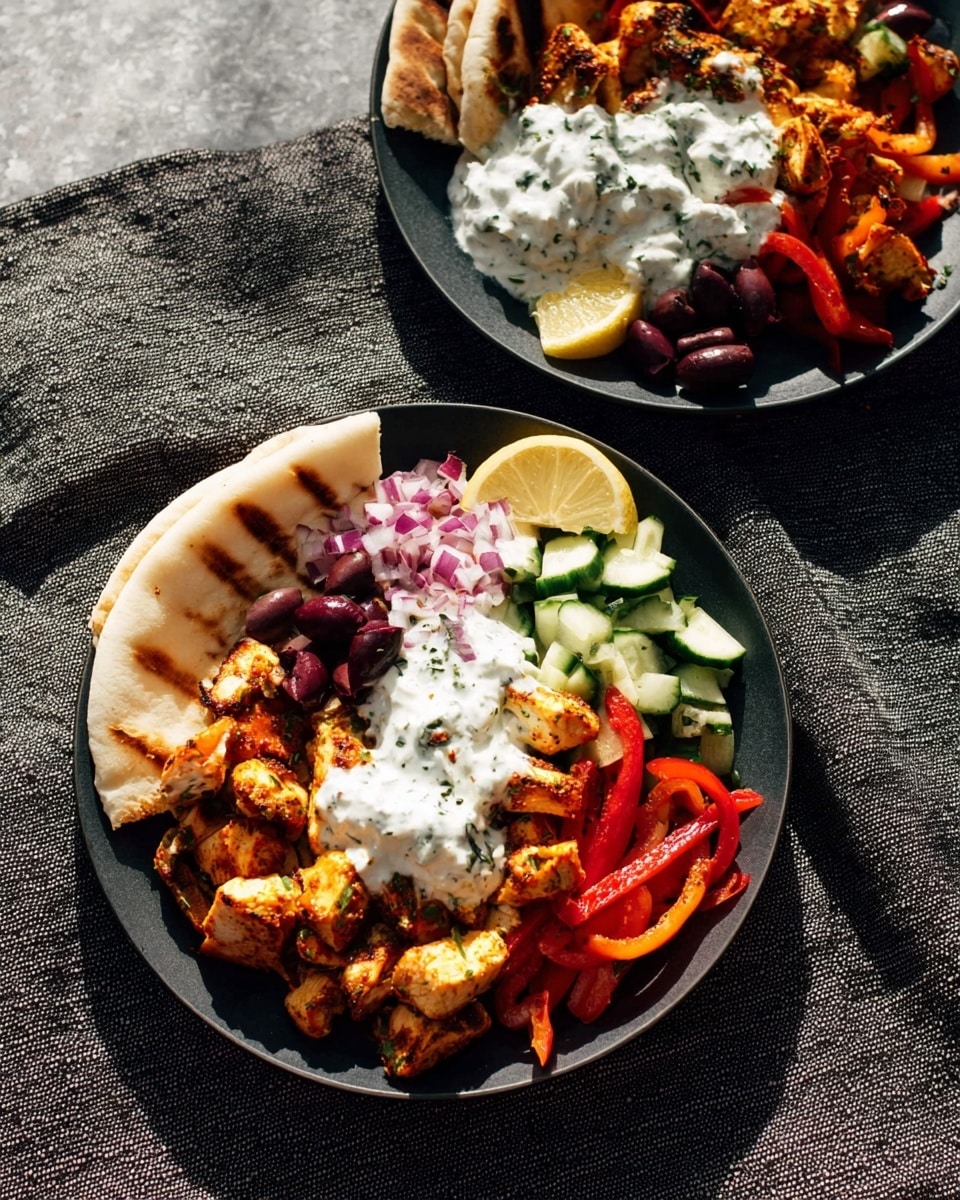 The image shows two dark round plates on a white marbled surface, each filled with several colorful layers of food. Starting from one side, there is a folded piece of flatbread with light brown grill marks. Next to it, there is a small lemon wedge, followed by dark purple olives and chopped red onion. In the middle of the plate is a generous scoop of white creamy sauce with green herb bits. Underneath and around the sauce are pieces of cooked golden brown chicken. On the opposite side of the chicken, there are diced cucumber pieces and cooked red and orange bell pepper strips. The plates are placed on a dark textured cloth with natural light shining from above. photo taken with an iphone --ar 4:5 --v 7